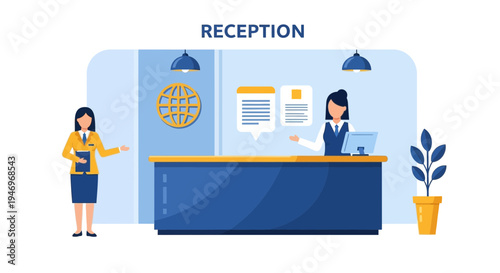 Professional Reception Desk Illustration with Welcoming and Friendly Receptionist Characters