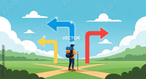 Man standing at crossroads with arrows.
