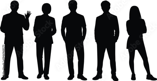 Business people silhouette icon set, corporate team graphics, professional diversity symbols, office staff figures, black vector, white background