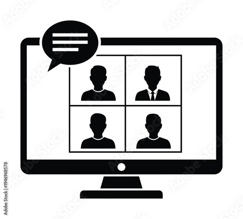 Vector graphic showing a computer screen with a video call interface displaying four individuals in a virtual meeting.