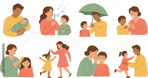 Universal parenting child care moments with cradling newborn blowing bubbles umbrella in rain dancing together open arms hug in honey yellow coral sage green for parenting illustration design