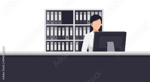 Professional Receptionist At Desk, Office Environment, Document Management Illustration