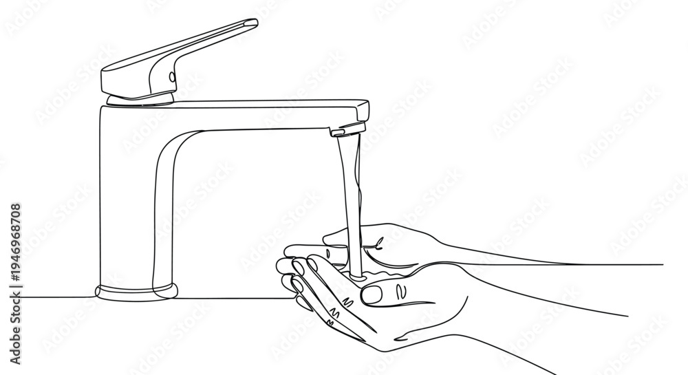 Obraz premium Line art illustration of washing hands under a water tap faucet for hygiene