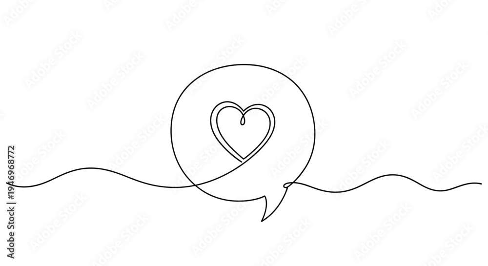 Obraz premium One Line Drawing of Speech Bubble with Heart Symbol for Love Message