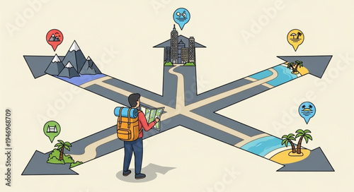 Man standing at crossroads with map.