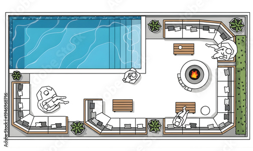 Modern Luxury Backyard Pool and Patio Design with Fire Pit and Sectional Seating