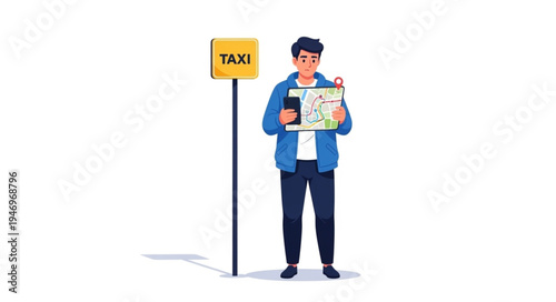 Man standing at taxi stand.