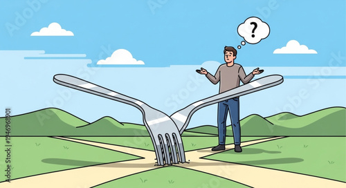 Man standing at forked road.