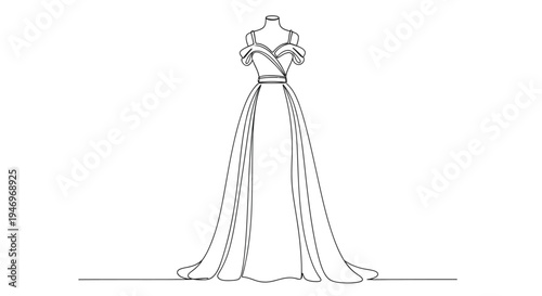 Elegant wedding dress gown continuous line drawing on white