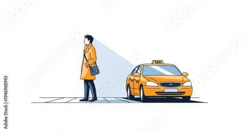 Man standing beside yellow taxi.