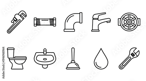 A clean line art illustration showcases a collection of plumbing tools and fixtures including a pipe wrench, toilet, sink, faucet, and pipe fittings.