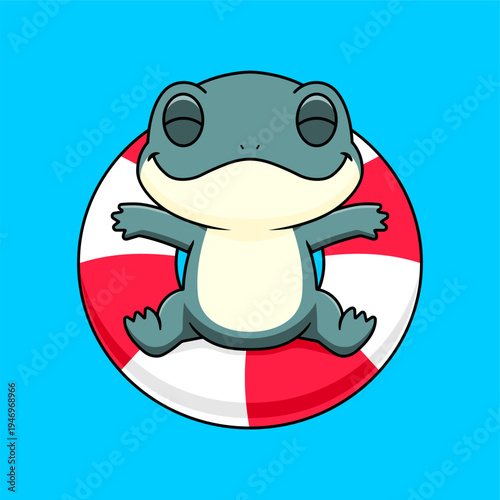 Cute Frog Floating with Lifebuoy Cartoon Illustration, Funny Green Frog Swimming Character on Blue Background