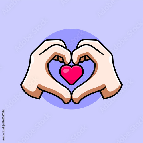 Hands Making Heart Shape with Pink Heart Icon Illustration, Love Gesture Symbol