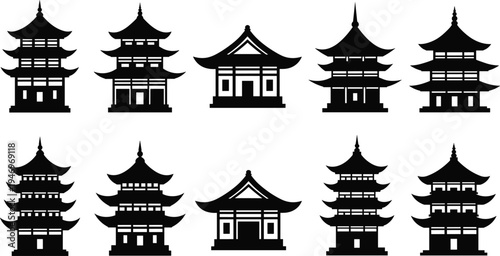 Asian pagoda temple silhouettes collection featuring traditional Chinese and Japanese architecture buildings isolated on white background cultural landmark set