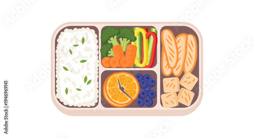 Healthy colorful bento box lunch illustration with rice, fresh vegetables, fruit, and protein, a balanced and nutritious meal for daily eating