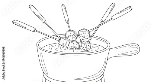 Delicious Cheese Fondue in a Pot with Skewers, a Classic Swiss Dish Perfect for Gatherings