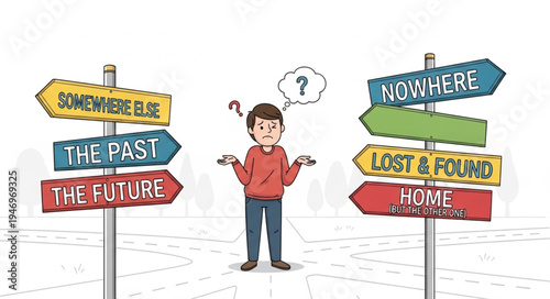 Man standing between direction signs.