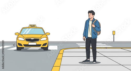 Man standing by yellow taxi.