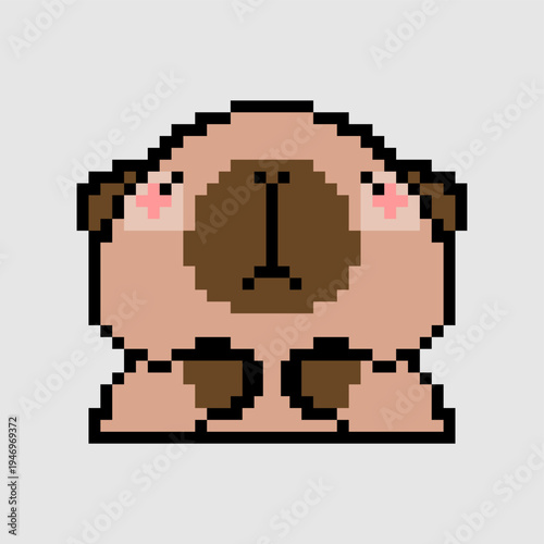 Pixel Art Capybara Cartoon Character Illustration, Adorable Mascot