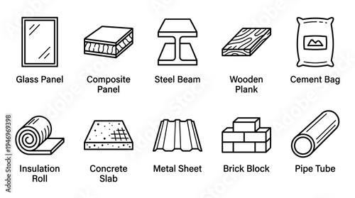 A collection of simple line art icons representing various construction materials, including glass, wood, metal, and cement, on a white background.