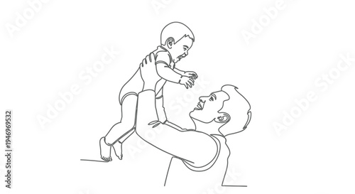 Father lifting happy baby in minimalist line art