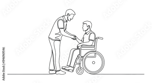 Man shaking hands with person in wheelchair, care concept