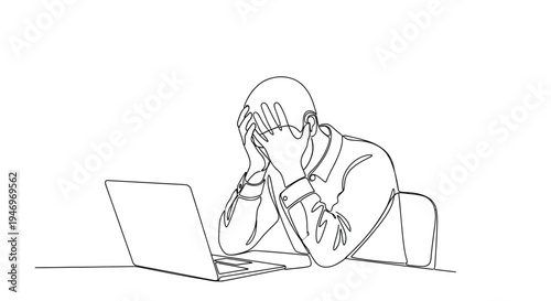 Frustrated man at laptop, hands on head, line art