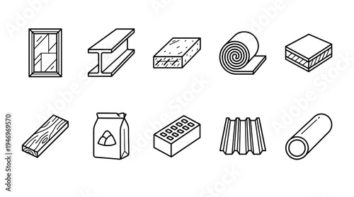 A collection of line art icons representing various building and construction materials, isolated on a white background.