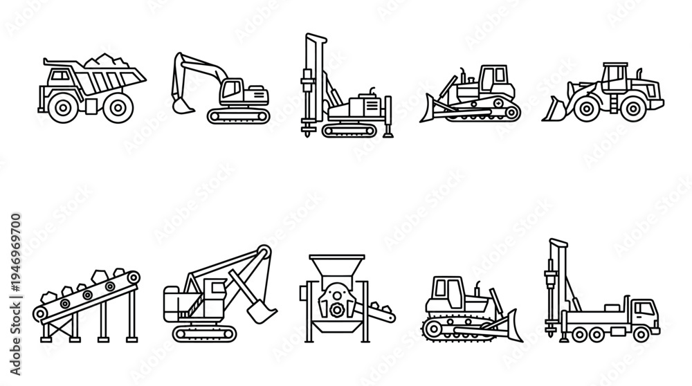 Naklejka premium A collection of line art icons representing various construction vehicles and heavy machinery, perfect for design projects related to building and industry.