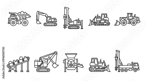 A collection of line art icons representing various construction vehicles and heavy machinery, perfect for design projects related to building and industry.