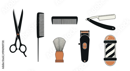 Collection of barber shop tools including scissors, combs, shaving brush, razor, and barber pole