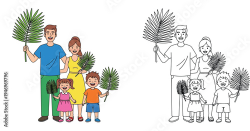 Happy Family Holding Palm Leaves for Religious Celebration