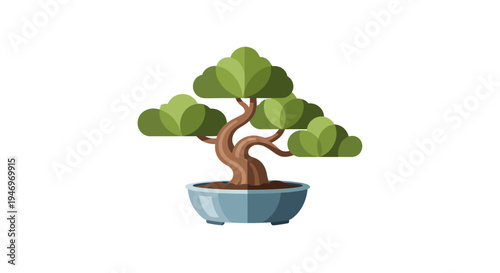 A stylized illustration of a bonsai tree in a blue pot, representing nature and tranquility