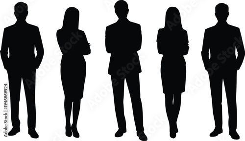 Business silhouette icon set, professional people graphics, teamwork and corporate symbols, diversity and workplace figures, black vector, white background