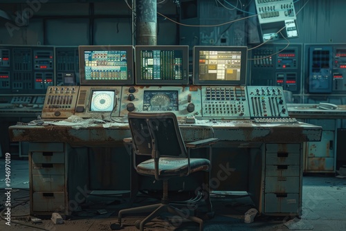 Abandoned Control Room with Multiple Screens and Obsolete Technology.