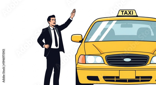 Man standing next to taxi.