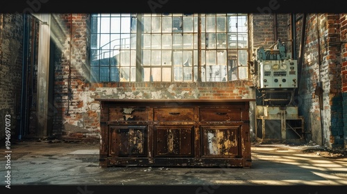 Abandoned Industrial Workshop with Weathered Wooden Workbench and Grimy Windows.