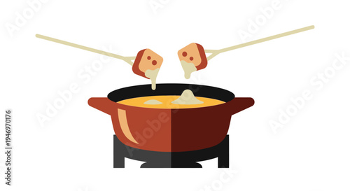 Appetizing Cheese Fondue Pot with Dipped Bread on Forks, Illustrating a Warm and Savory Culinary Experience, Perfect for Food Related Designs