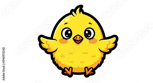 A Cute Fluffy Yellow Baby Chick with Big Eyes and Orange Beak Standing on White Background