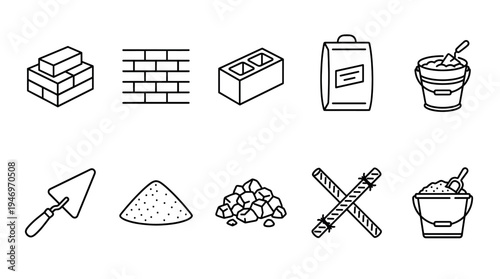 A clean line art illustration features essential construction materials and tools, including bricks, blocks, cement bag, trowels, buckets of sand and gravel, and rebar for building projects.