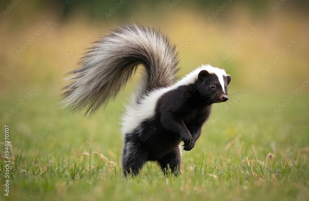 Obraz premium Black and white skunk stands on hind legs in green grassy field. This mammal has bushy tail and raises it up. Skunk shows defensive posture. Animal in wild nature.