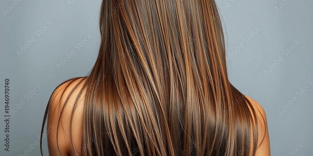 Fototapeta premium Long brown hair cascades down back, shoulders slightly slumped, curves, profile