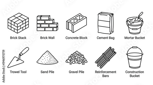 A clean line art illustration showcasing various construction materials and tools, including bricks, cement, sand, and trowels, perfect for illustrating building projects.