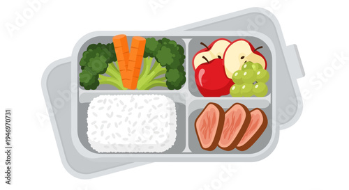 Healthy and balanced lunchbox with rice, meat, fruits, and vegetables