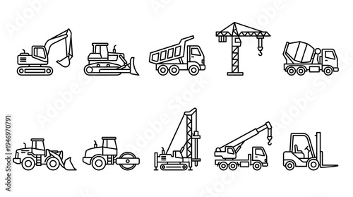 A collection of thin-line illustrations depicting various construction vehicles and machinery on a clean white background, perfect for technical or informational purposes.