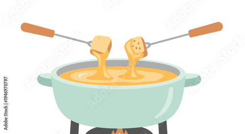 Delicious cheese fondue with bread cubes being dipped into the melted cheese from a pot over a stove, a perfect and comforting meal