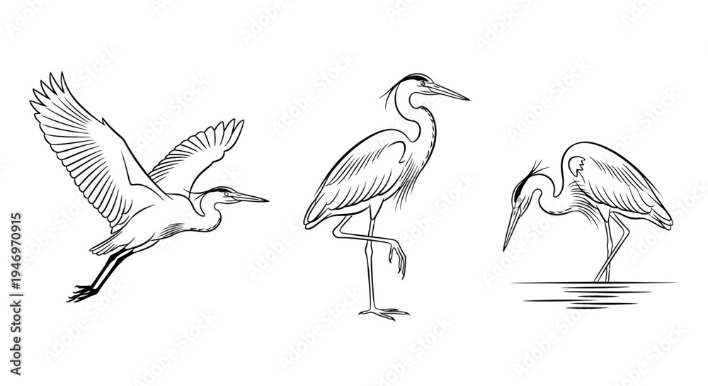 Fototapeta premium Graceful Heron Birds in Various Poses