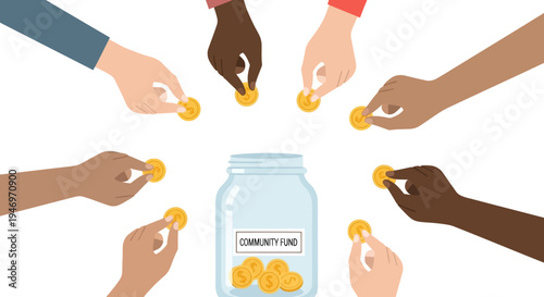 Diverse hands holding coins saving money.