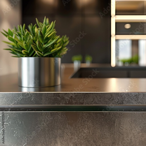 Modern Kitchen Countertop with Green Plant in Stainless Steel Pot.