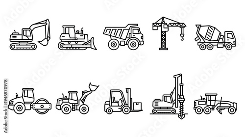 A collection of black and white line art icons depicting various heavy construction vehicles used for building and infrastructure projects.